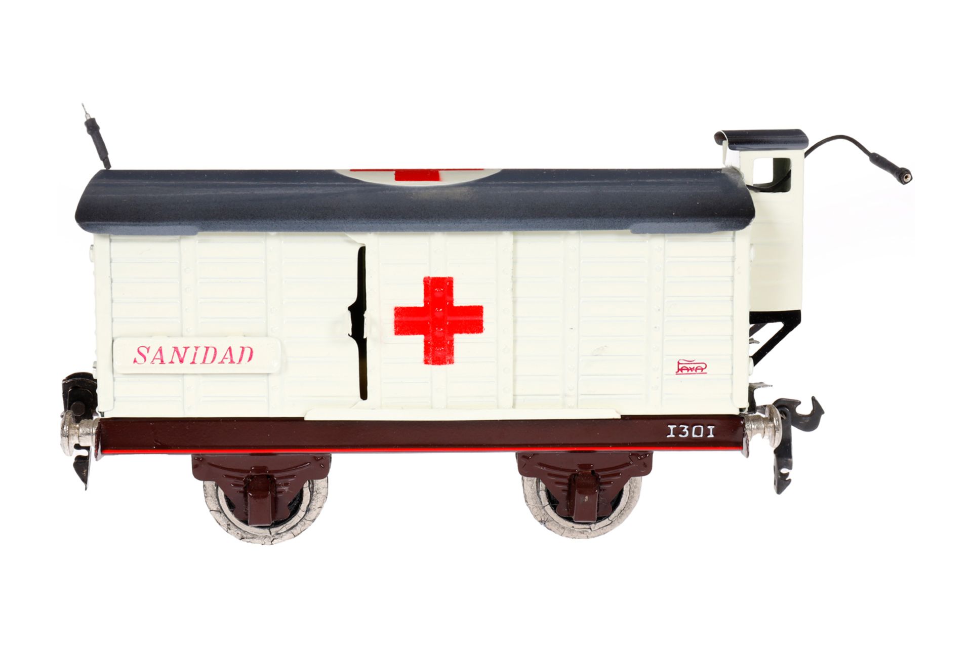 Paya Güterwagen ”Sanidad”, Spur 0, weiß, mit BRHh und 2 ST, Räder rissig, Alterungsspuren, L 16,5,