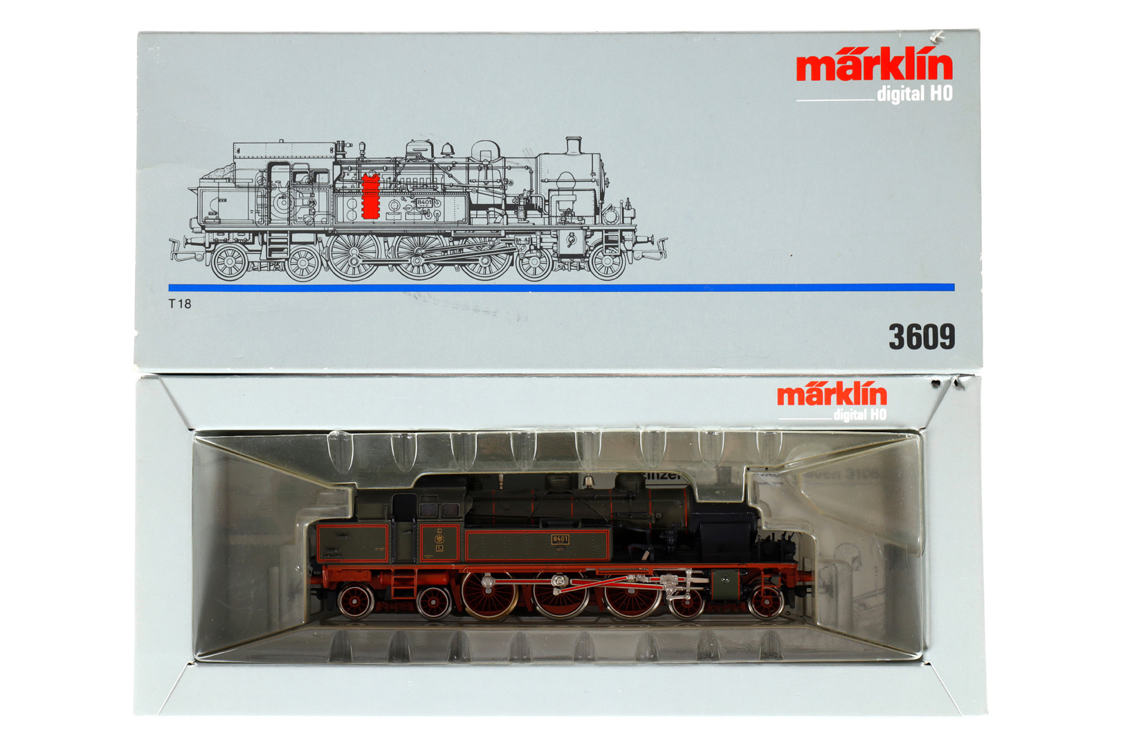 Märklin Digital 2-C-2 Tenderlok ”8401” 3609, Spur H0, dunkelgrün/schwarz, Alterungsspuren, im leicht