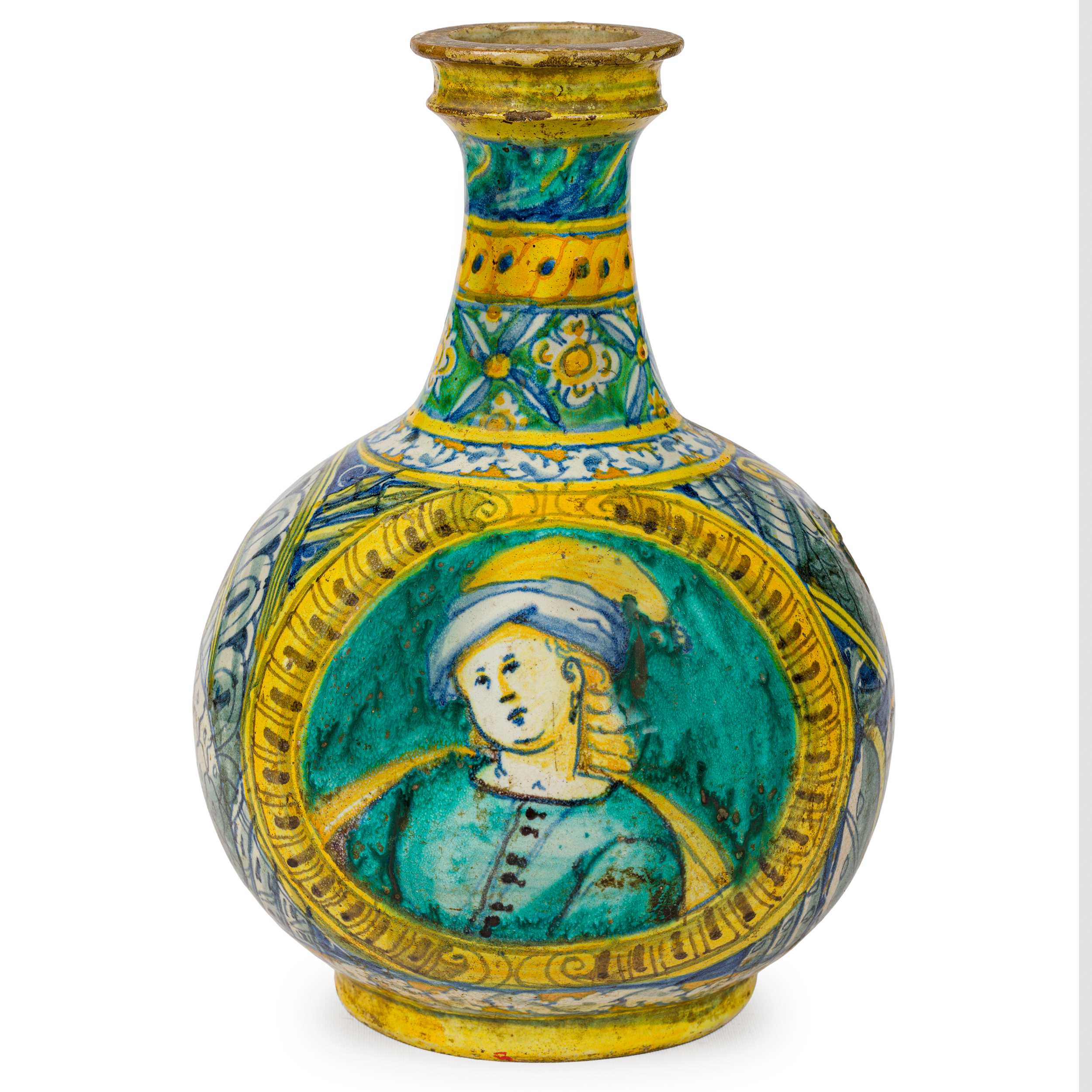 BOTTIGLIA IN MAIOLICA POLICROMA, FORNACE SICILIANA DEL XVII-XVIII SECOLO