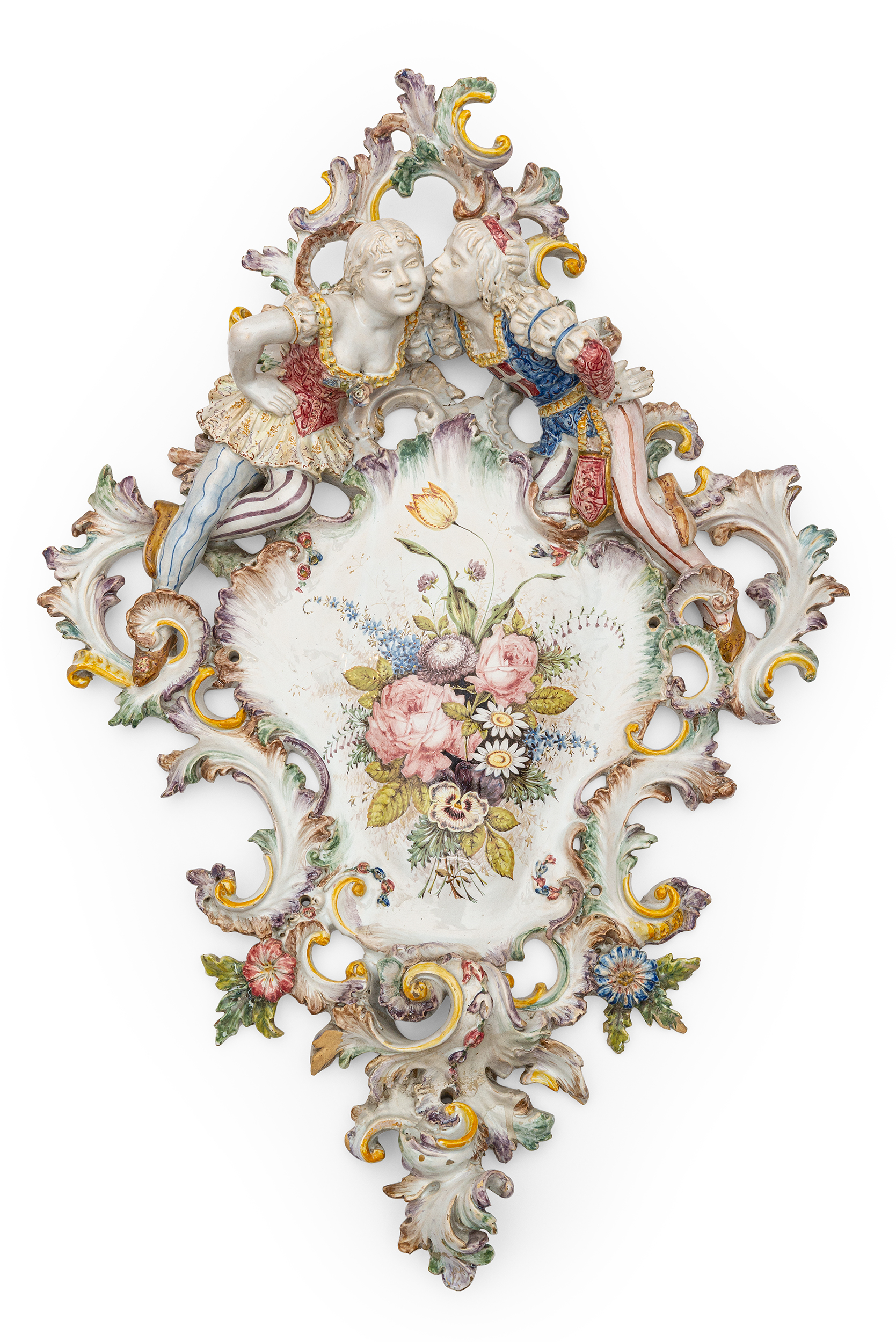 COPPIA DI GRANDI PLACCHE DECORATIVE IN MAIOLICA POLICROMA, MANIFATTURA BASSANESE, CIRCA 1880