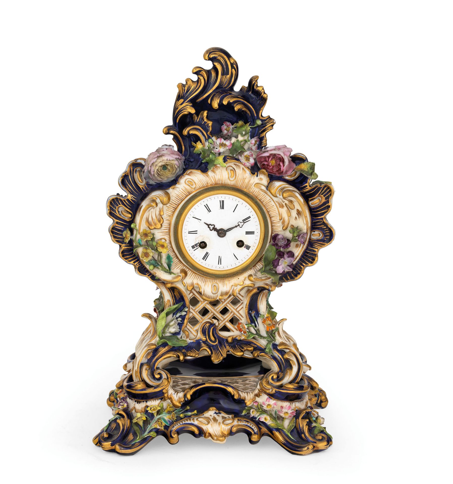 OROLOGIO A PENDOLO D'APPOGGIO ALLA JACOB PETIT, RAFFIGURANTE UN TRIONFO DI VENDEMMIA, FRANCIA 1850