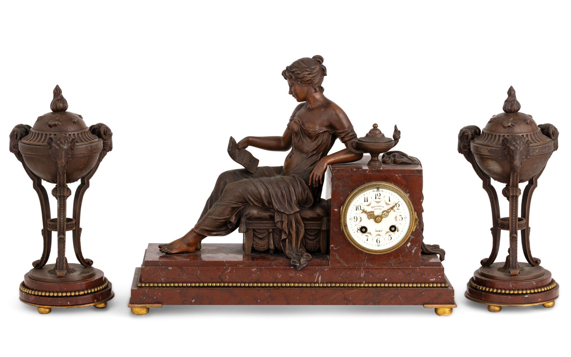 TRITTICO - OROLOGIO A PENDOLO DA APPOGGIO IN MARMO ROSSO E REGULE, FRANCIA, 1890 CIRCA