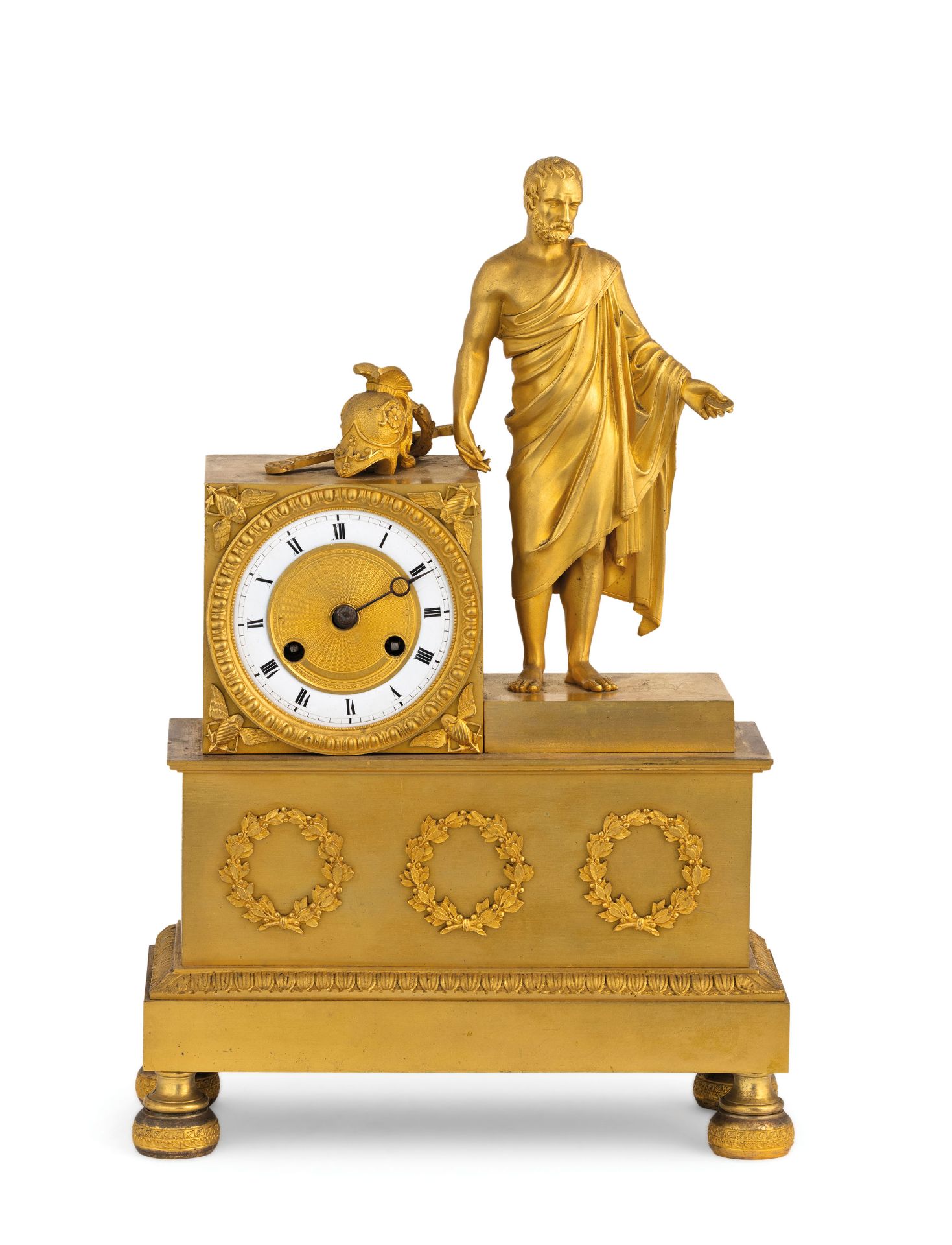 OROLOGIO A PENDOLO D'APPOGGIO IN BRONZO DORATO RAFFIGURANTE SENECA, FRANCIA, 1820 CIRCA