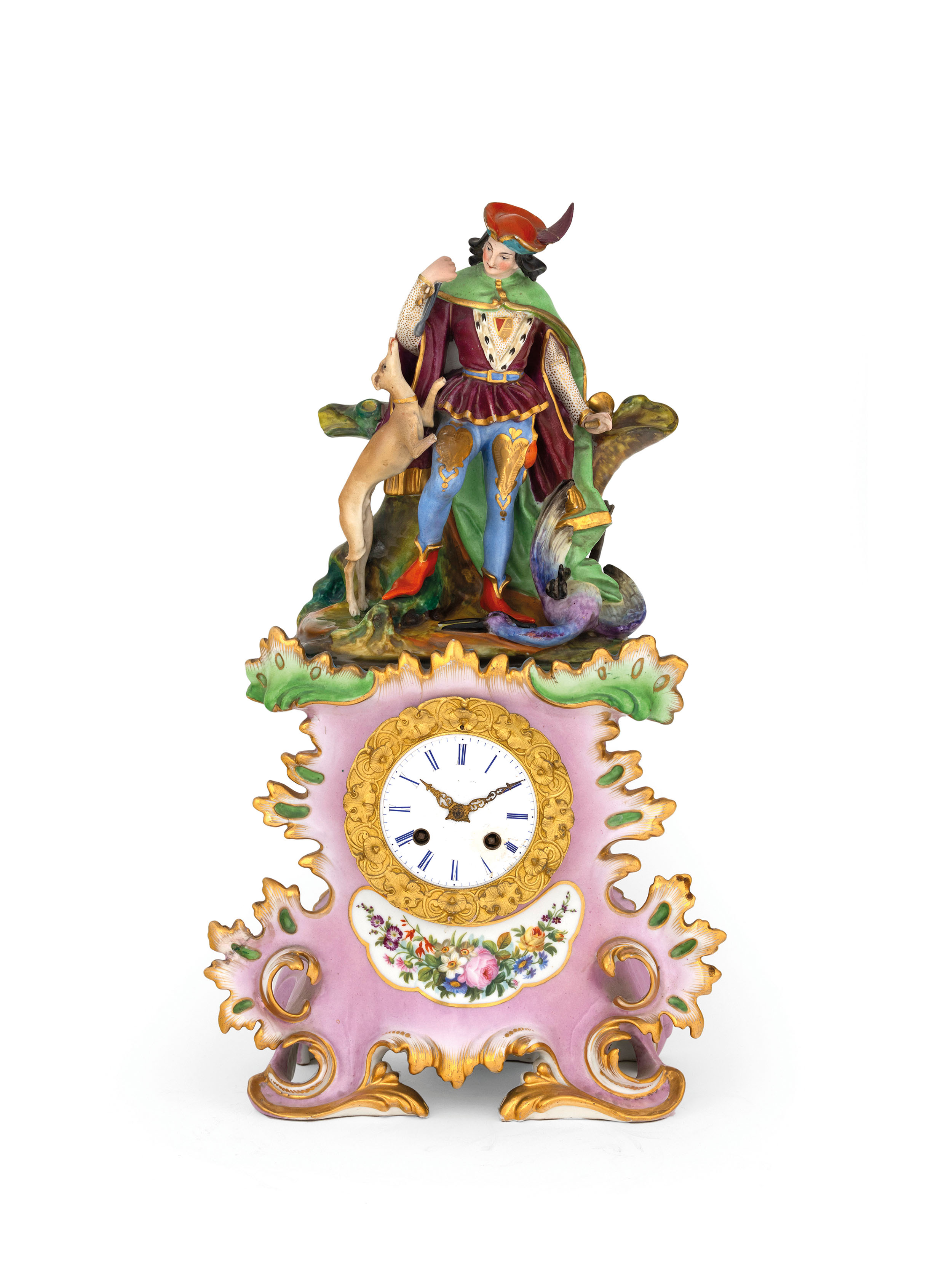 OROLOGIO D'APPOGGIO IN PORCELLANA POLICROMA E LUMEGGIATA IN ORO, JACOB PETITE, FRANCIA 1855 CIRCA