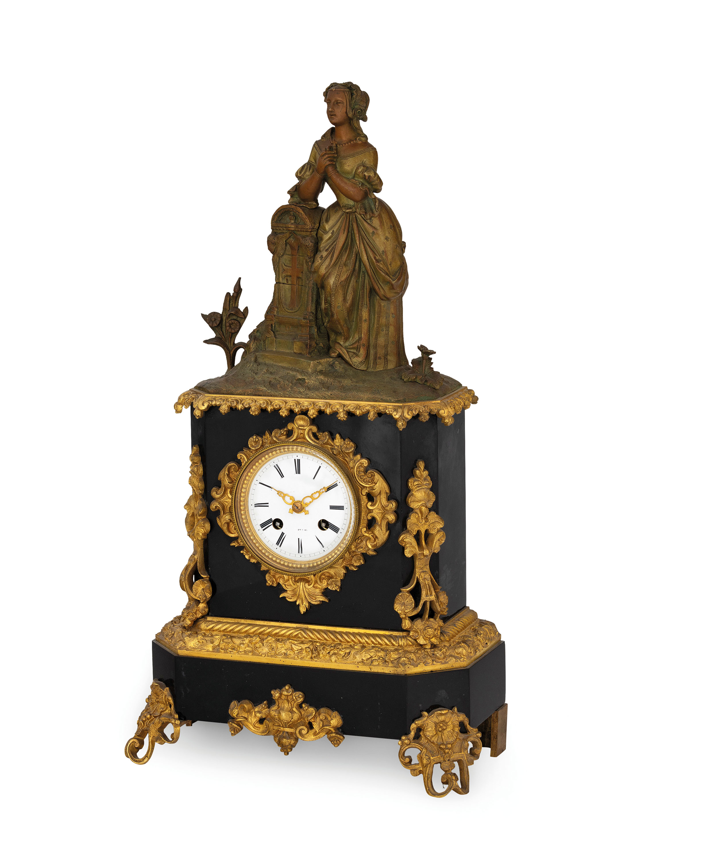 OROLOGIO A PENDOLO IN BRONZO DORATO E PATINATO, CON FANCIULLA SULLA SOMMITA', FRANCIA 1860 CIRCA - Image 2 of 5