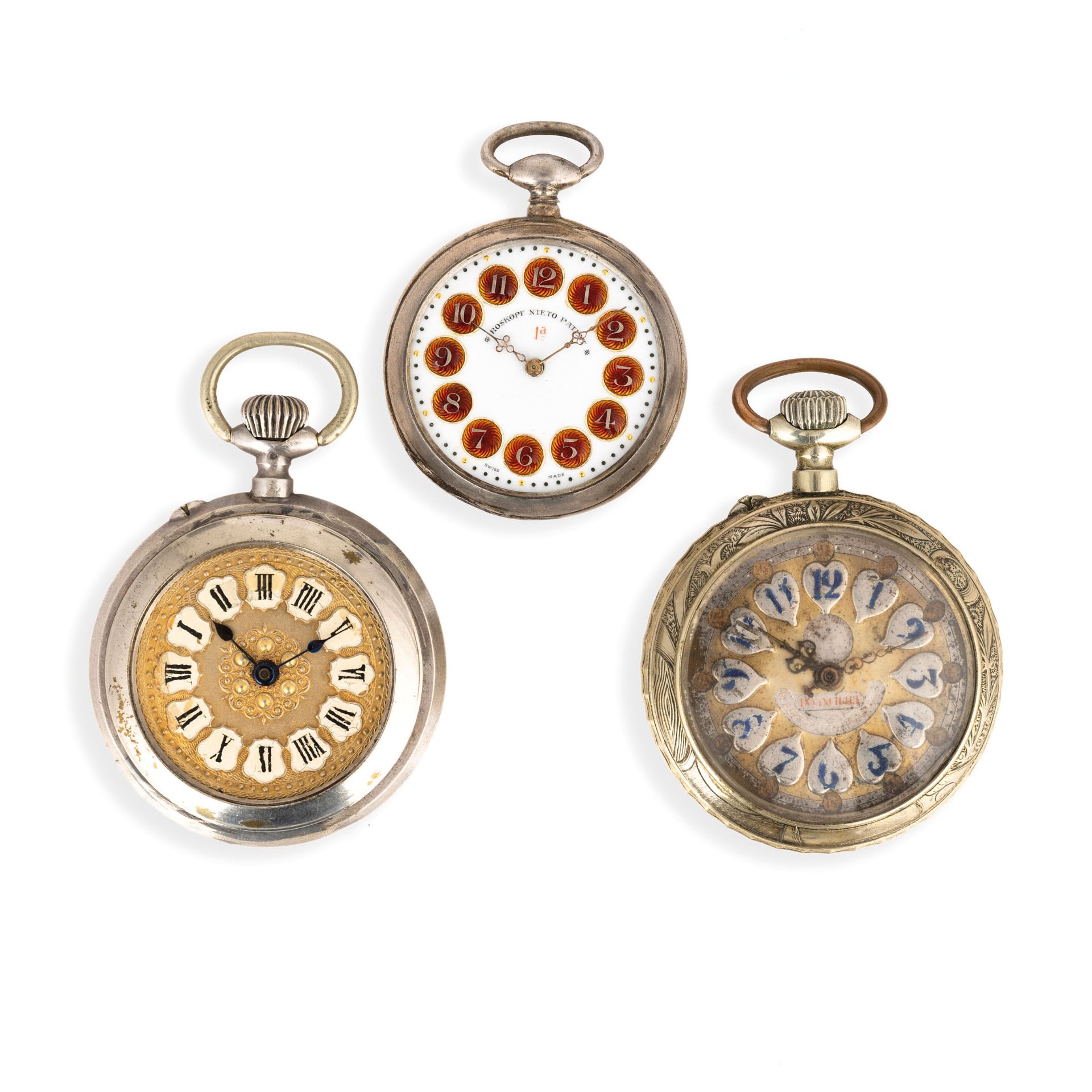 LOTTO DI TRE OROLOGI ROSKOPF CON QUADRANTE A CARTOCUHES, FRANCIA 1890 CIRCA