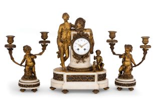 OROLOGIO A TRITTICO IN BRONZO DORATO E MARMO BIANCO, FRANCIA 1880 CIRCA