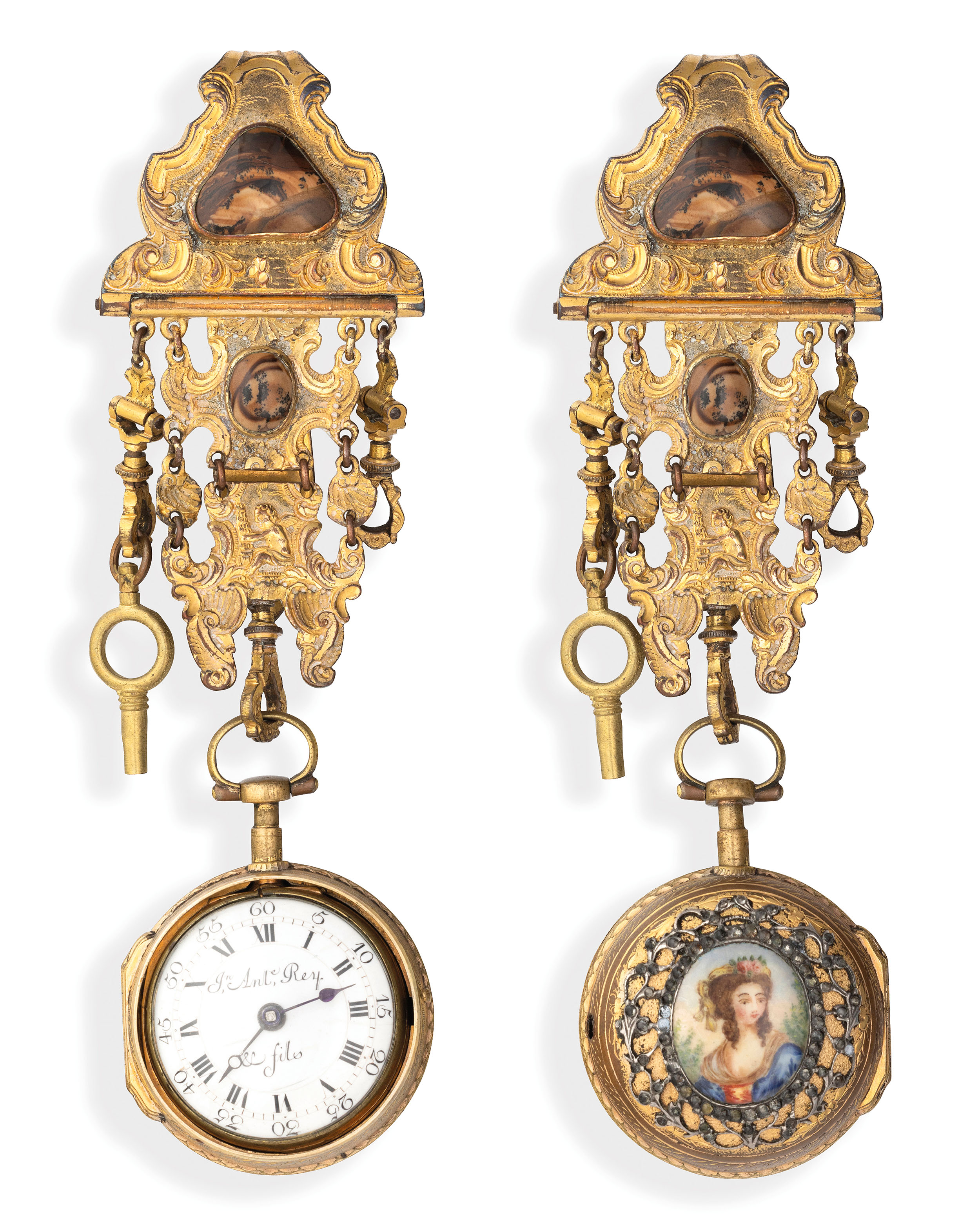 ANTIDE REY & fILS, OROLOGIO DATA TASCA CON SMALTI E CHATELAINE, SVIZZERA 1770 CIRCA