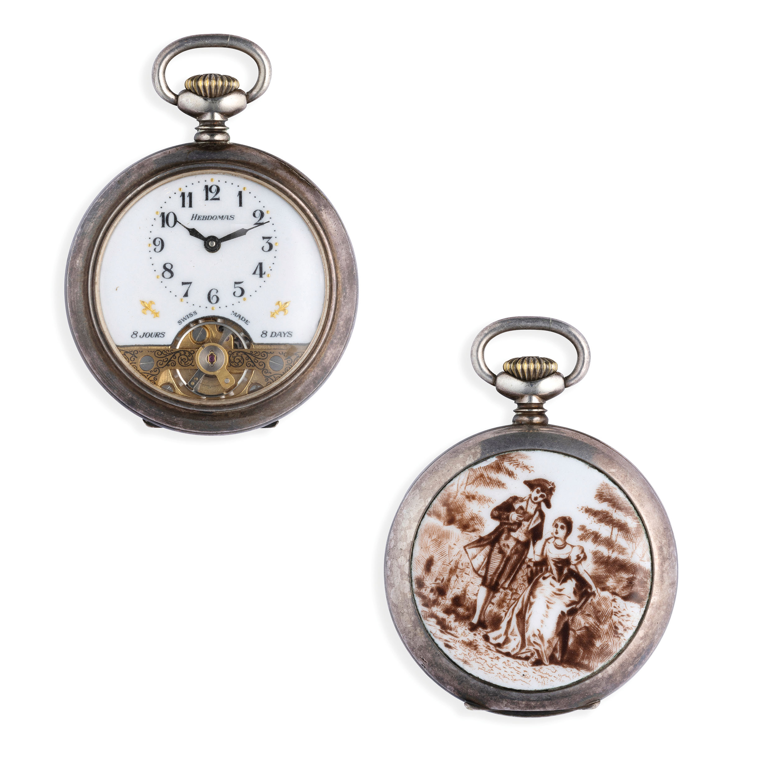 HEBDOMAS, OROLOGIO DA TASCA IN ARGENTO CON MINIATURA SUL RETRO, SVIZZERA XX SECOLO