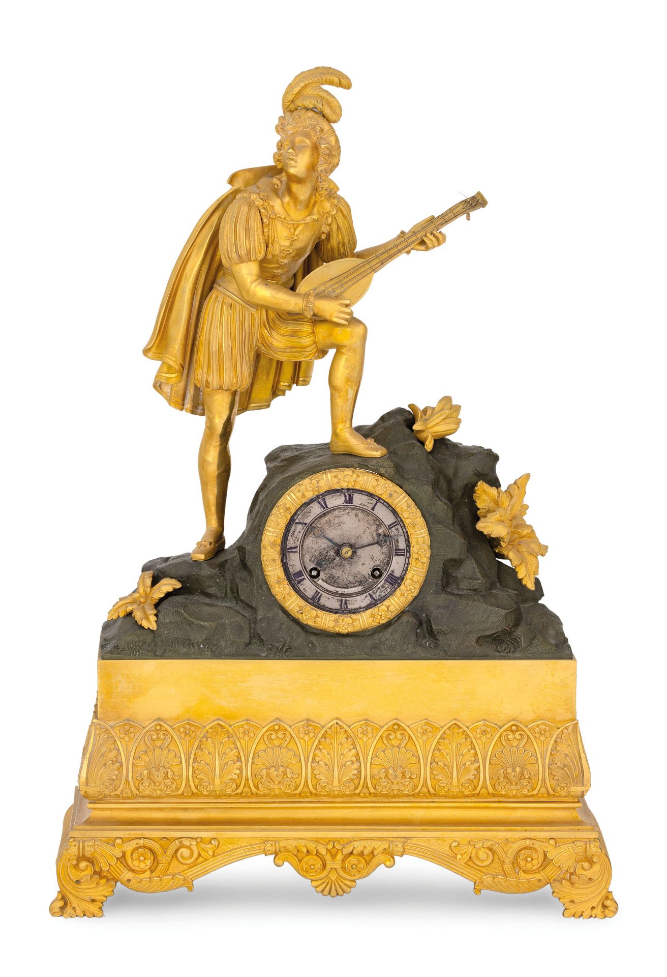 OROLOGIO A PENDOLO D'APPOGGIO IN BRONZO DORATO, CON MENESTRELLO, FRANCIA 1850 CIRCA