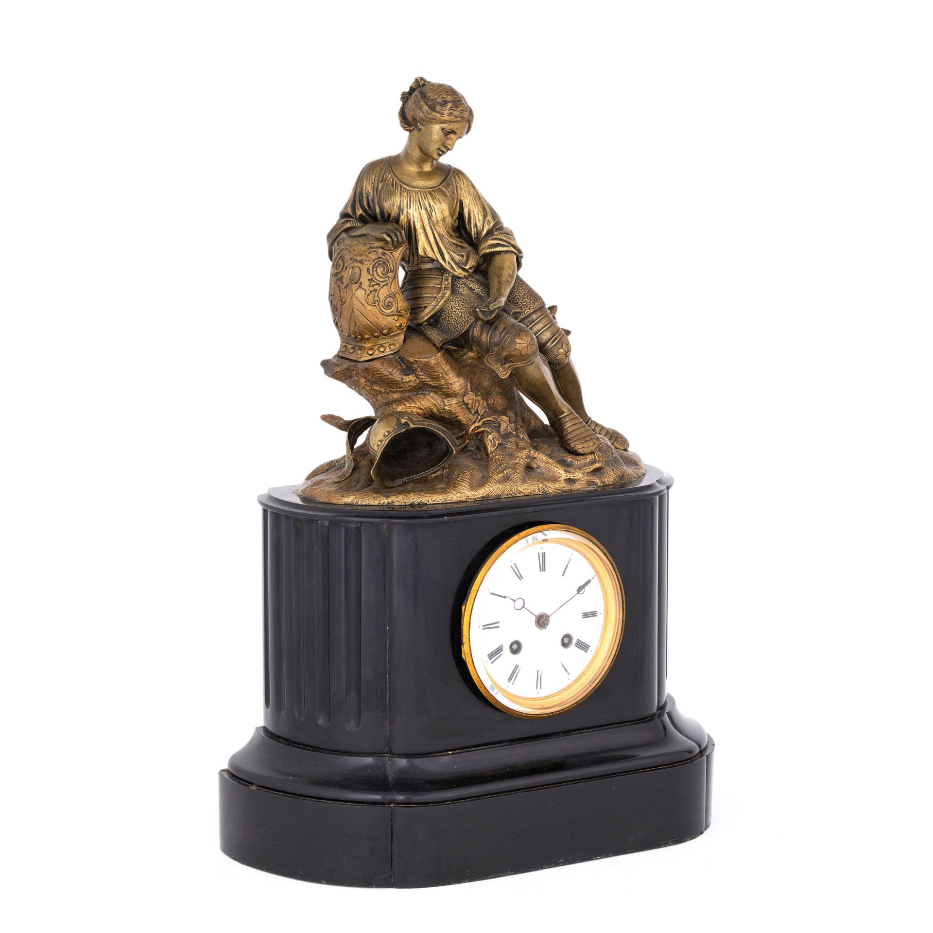 OROLOGIO A PENDOLO D'APPOGGIO IN MARMO NERO E BRONZO, RAFFIGURANTE GIOVANNA D'ARCO, FRANCIA 1870 - Bild 2 aus 5