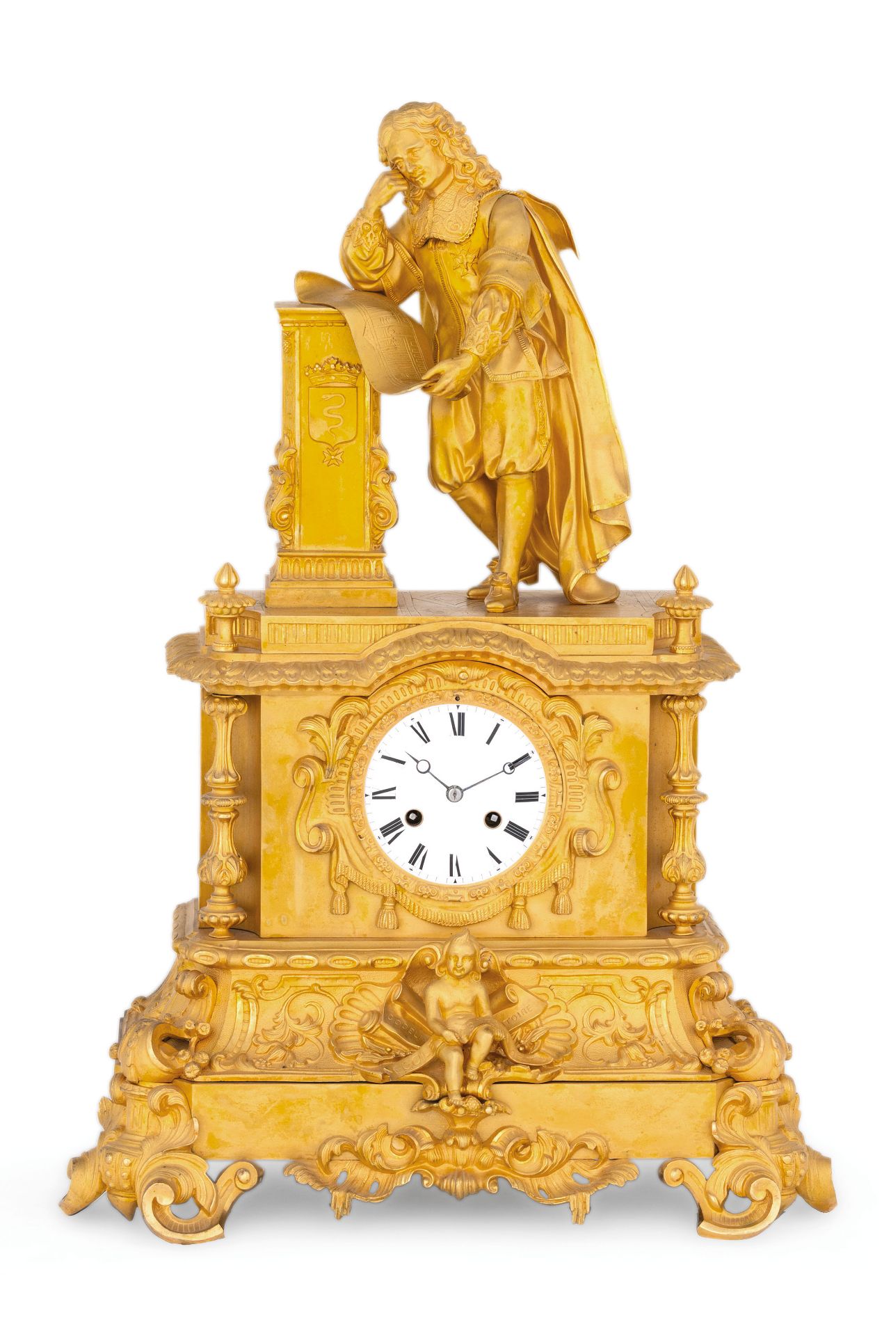 GRANDE OROLOGIO A PENDOLO D'APPOGGIO IN BRONZO DORATO, RAFFIGURANTE NICOLAS POUSSIN, FRANCIA 1860