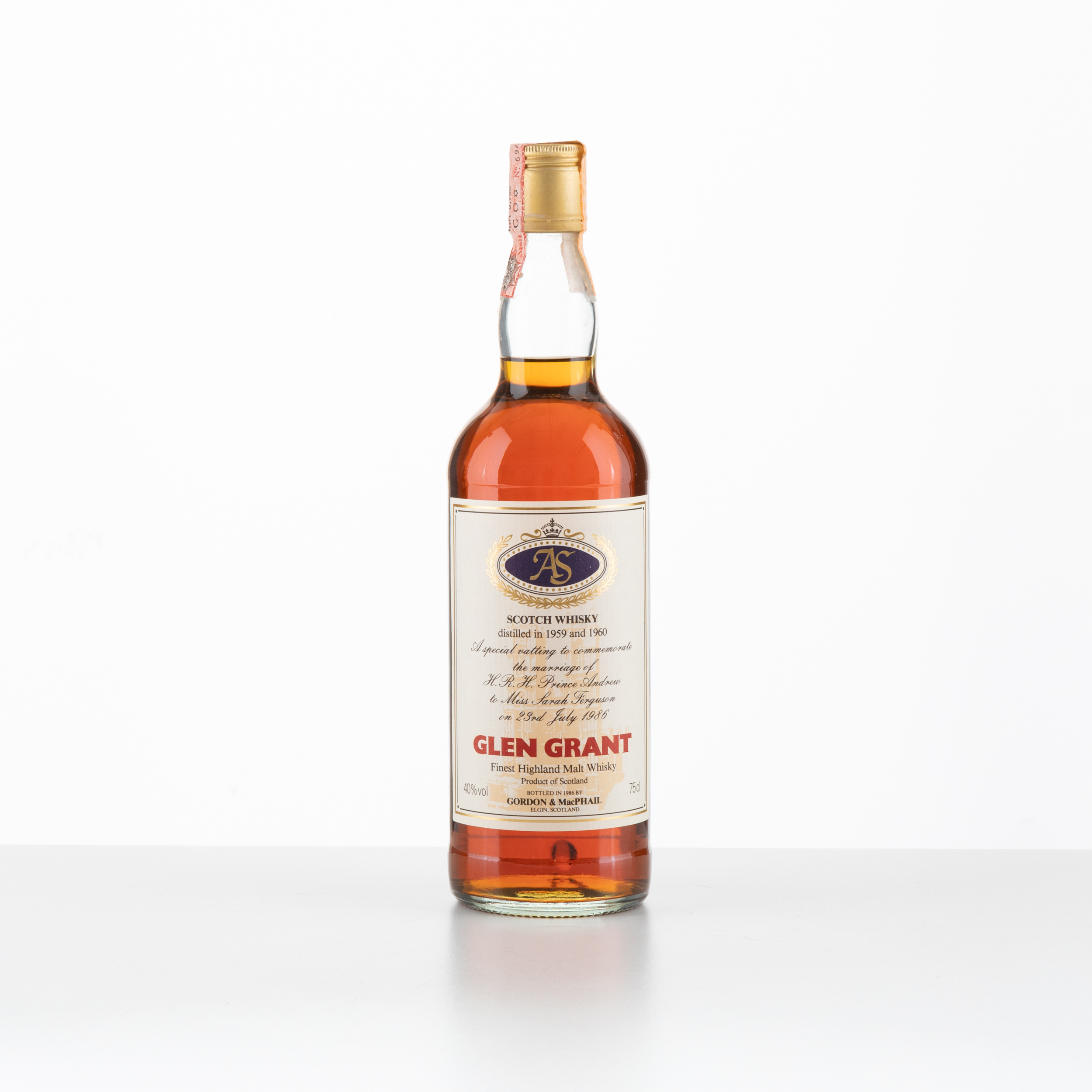 Glen Grant 1959/1960, Bottled in 1986 to commemorate the marriage of Prince Andrew to Miss Sarah