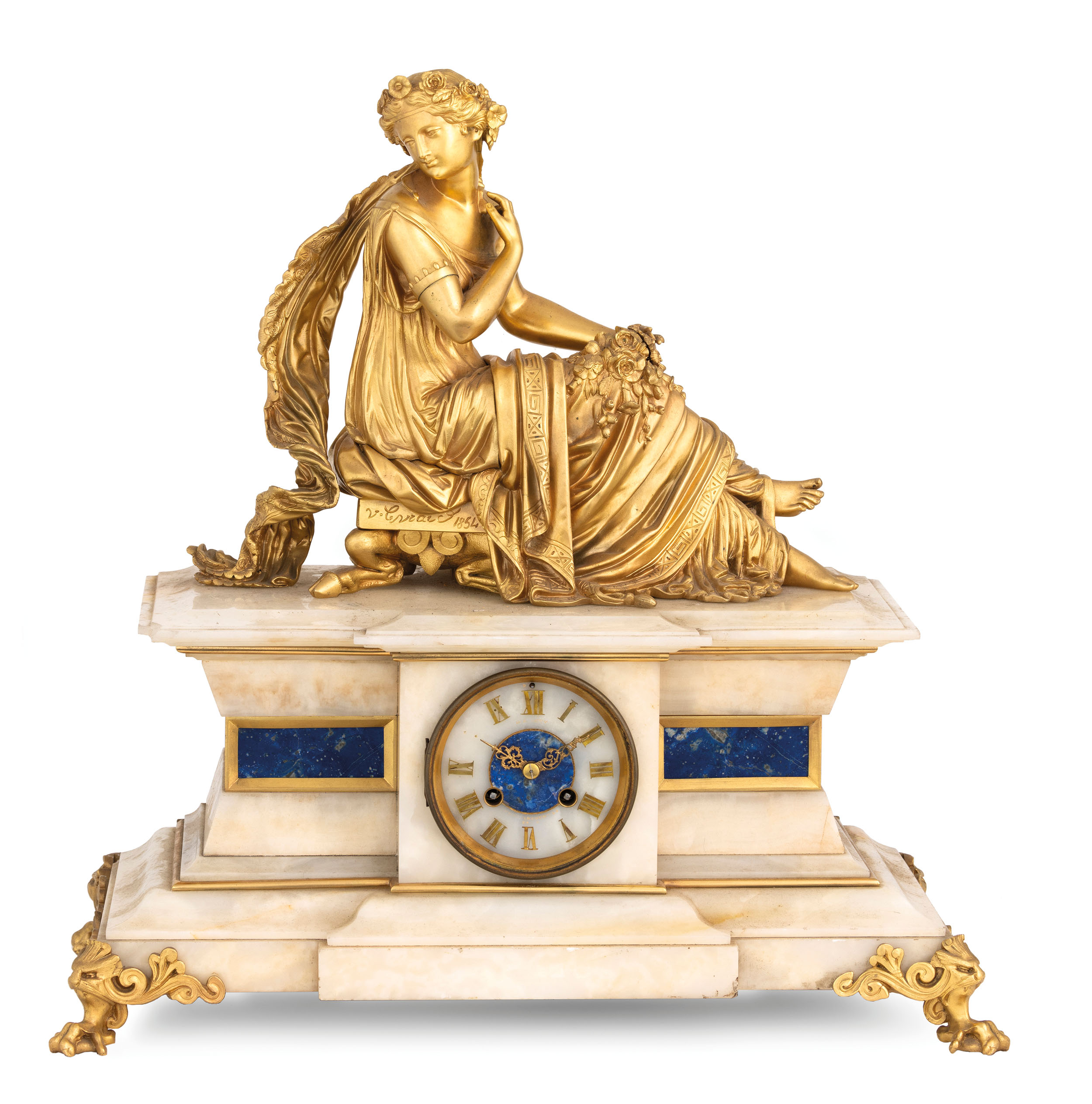 LEVRAC, OROLOGIO A PENDOLO D'APPOGGIO IN ALABASTRO E BRONZI DORATI, FRANCIA 1854