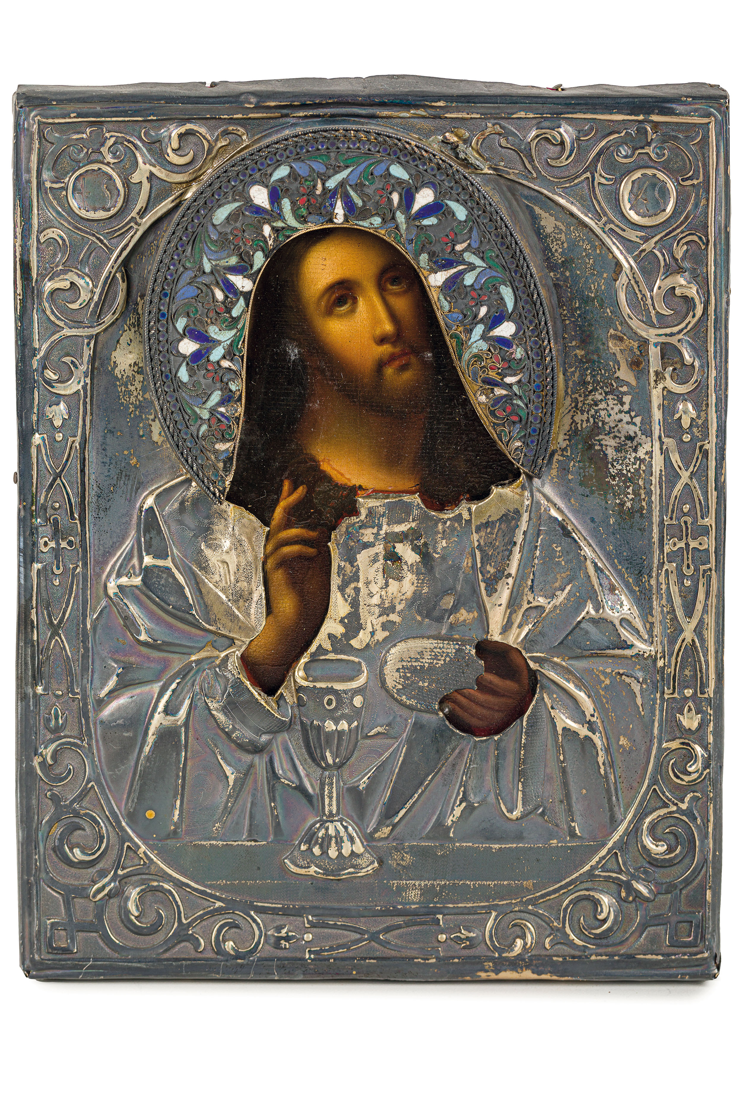 ICONA RAFFIGURANTE CRISTO CON RIZA IN ARGENTO E SMALTI, MOSCA, 1862