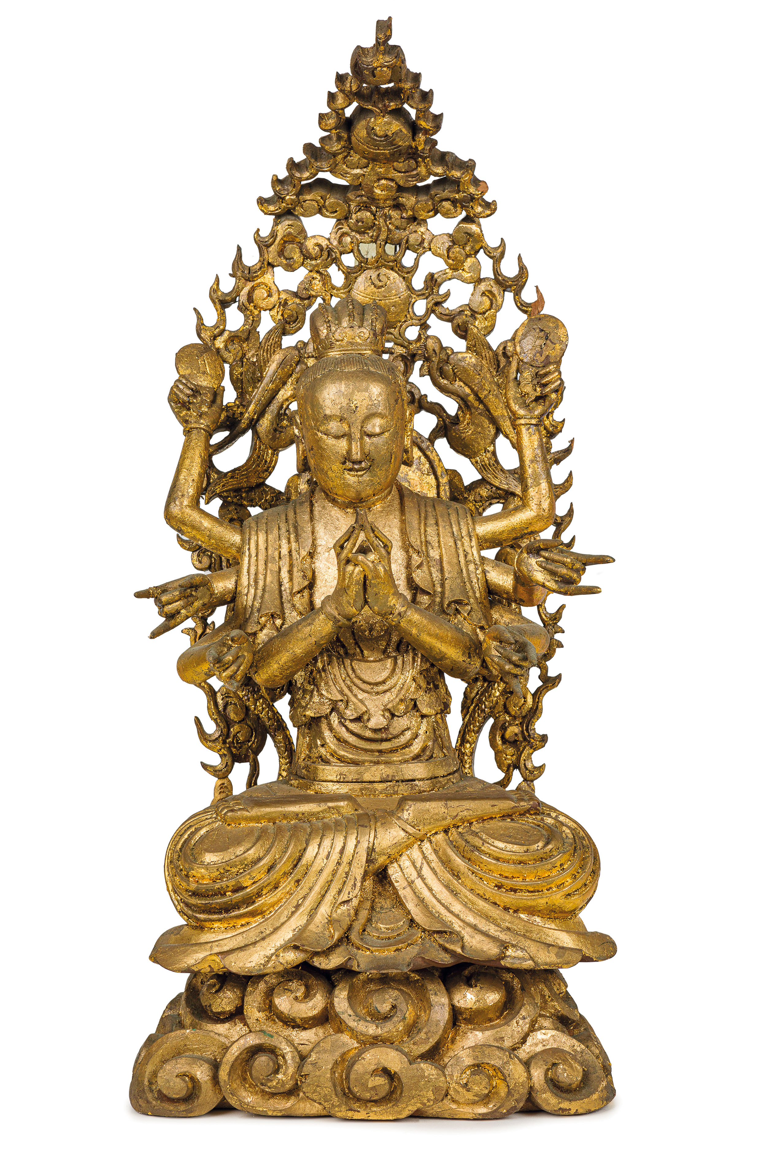 GRANDE FIGURA DI DIVINITÀ AD OTTO BRACCIA IN LEGNO DORATO, SINO-TIBET, XX SECOLO