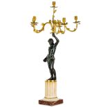 COPPIA DI CANDELABRI IN BRONZO DORATO E PATINATO E MARMI DIVERSI, XIX SECOLO