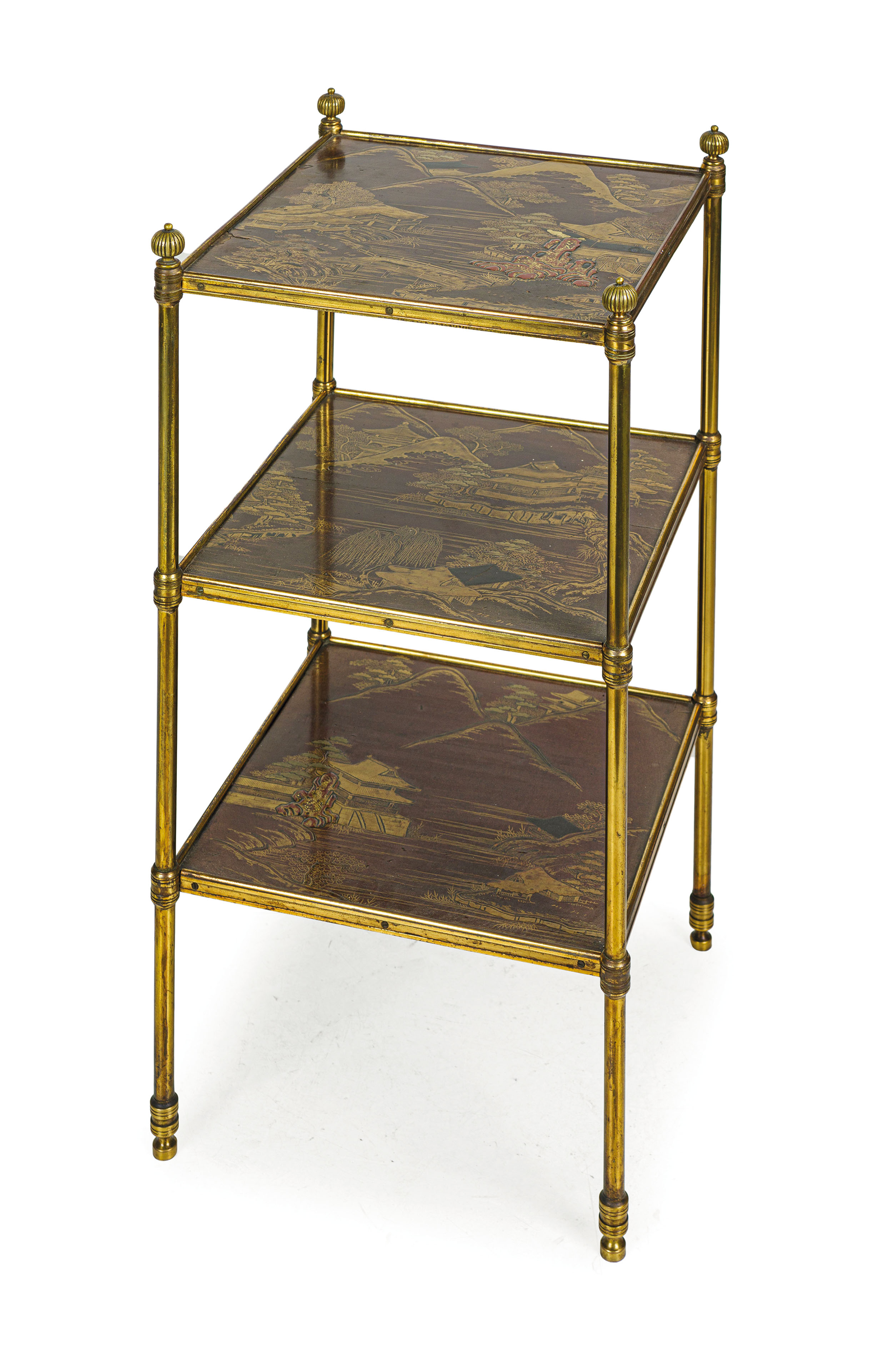 ETAGERE IN BRONZO DORATO E LEGNO LACCATO, XX SECOLO