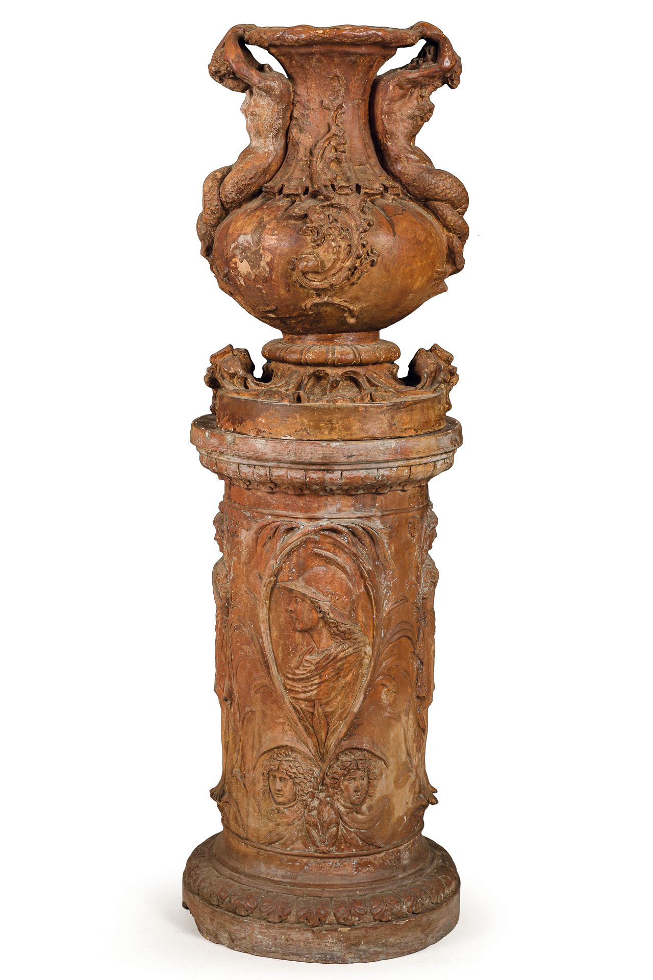 COPPIA DI GRANDI VASI DECORATIVI IN TERRACOTTA PATINATA, XIX-XX SECOLO