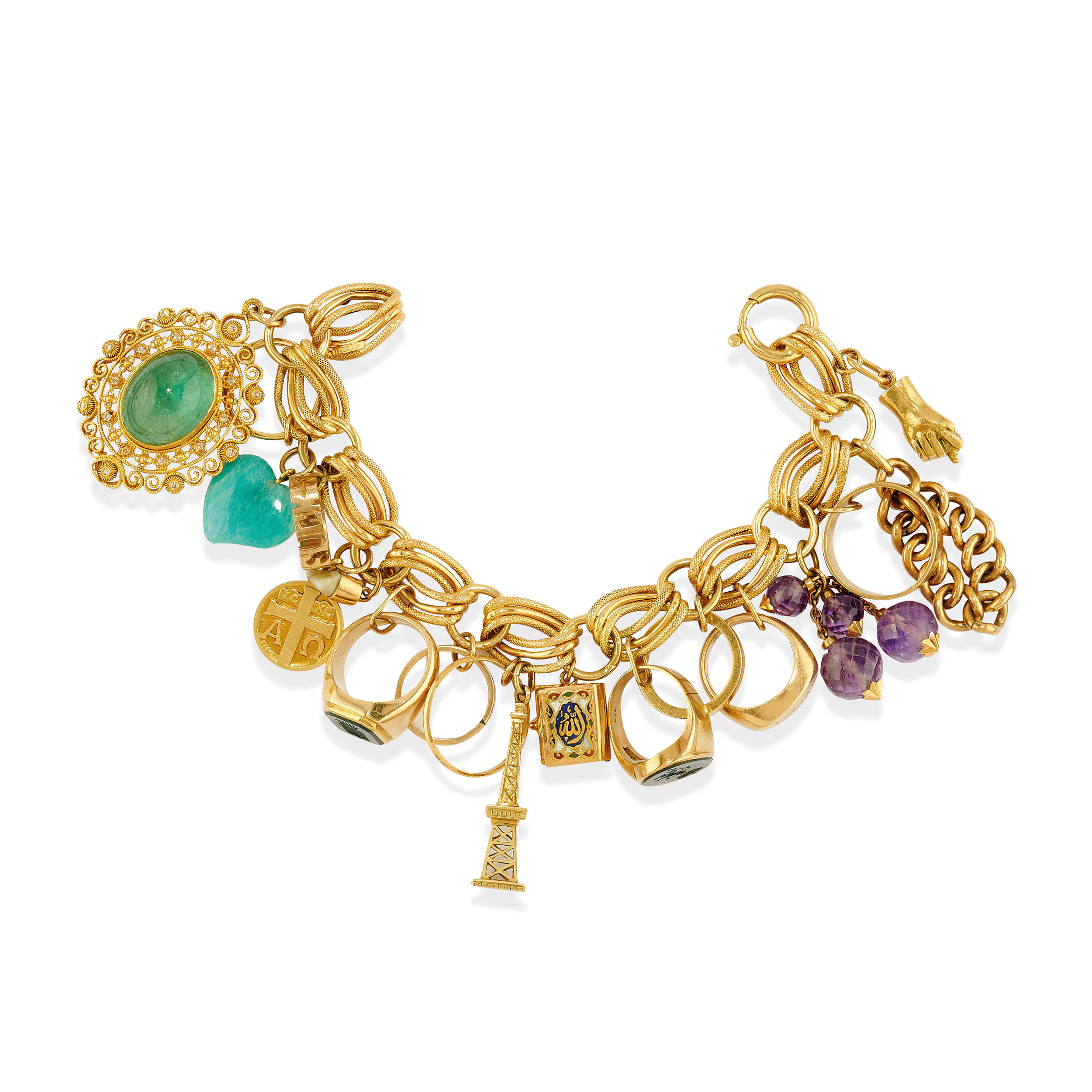 BRACCIALE IN ORO, ORO 14KT E CHARMS CON PIETRE SEMI PREZIOSE