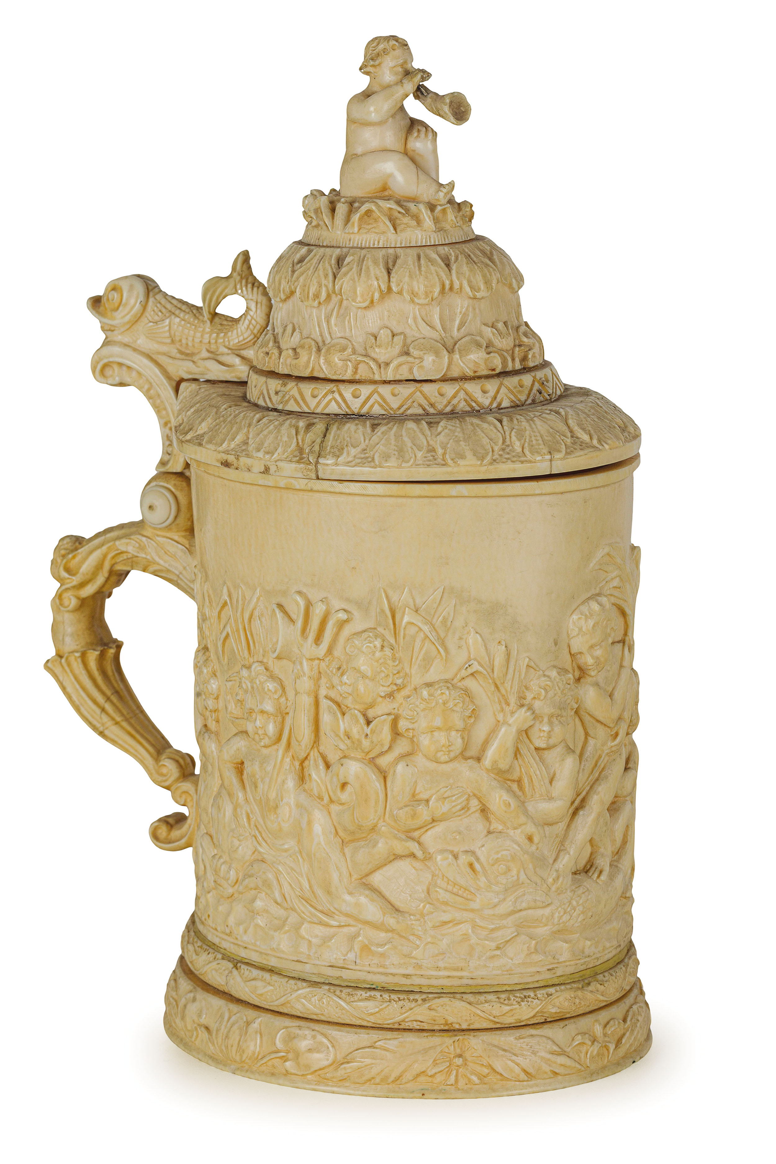 TANKARD IN AVORIO, FRANCIA, XIX SECOLO, FIRMATO L. MULET