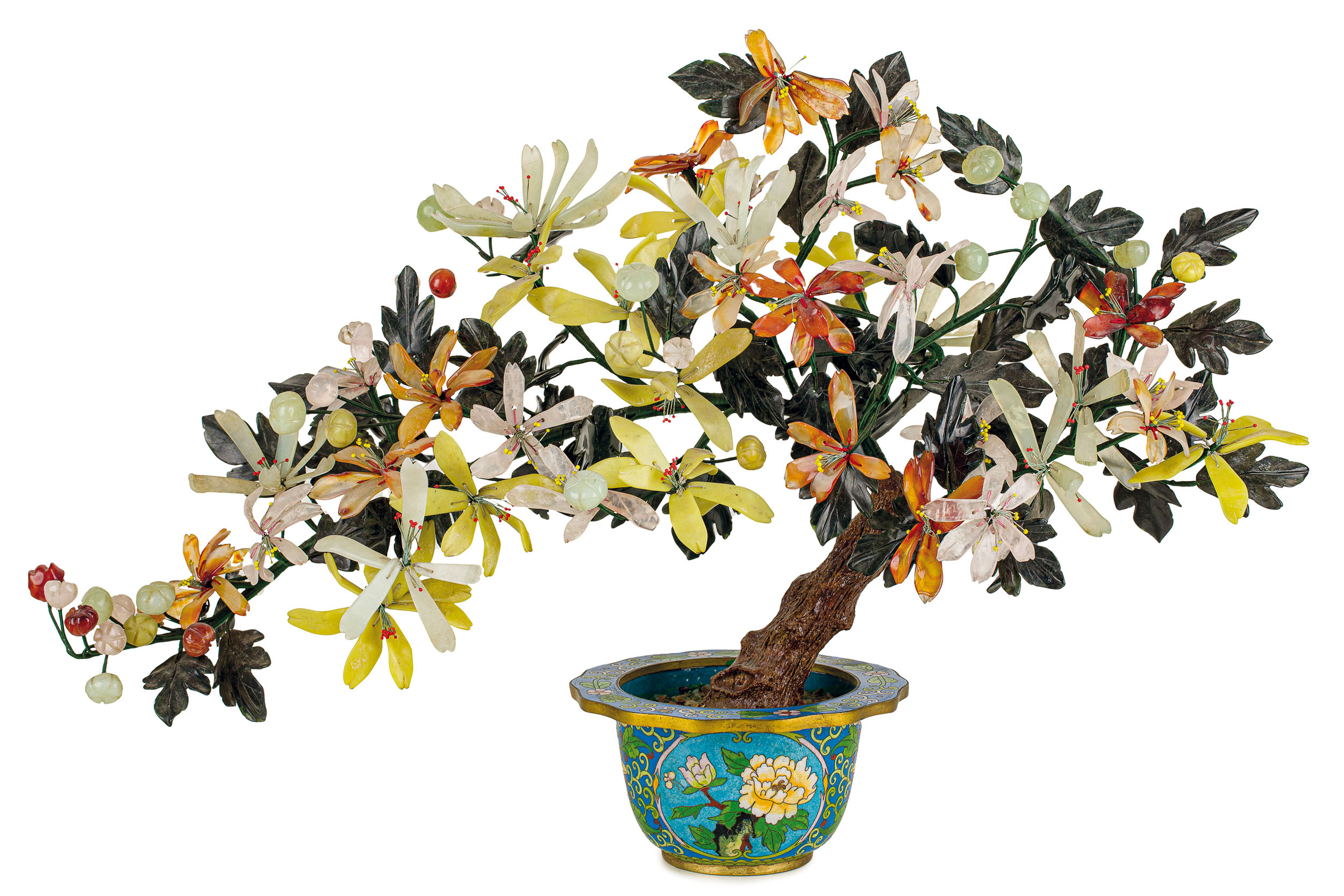 VASO IN VASO IN BRONZO DORATO E SMALTO CLOISSONÈ CON GRANDE ALBERO FIORITO IN PIETRE DURE, CINA,