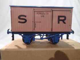 Ace Trains O gauge box van, Southern Railway refrigerator, pink/blue, in near mint condition,