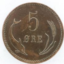 1895 Denmark five Ore gVF, some lustre.UK P&P Group 0 (£6+VAT for the first lot and £1+VAT for