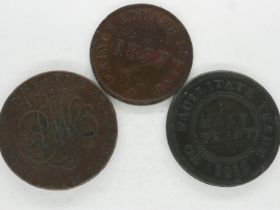 Three copper tokens: 1788 Anglesey Mines, 1857 Prince Edward Island, and 1813 John Knapp Junior