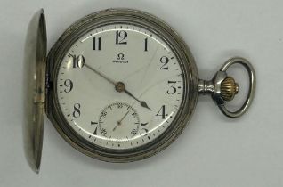 OMEGA: 800 silver cased full hunter crown wind pocket watch with date aperture, working at