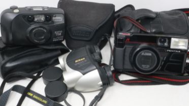 Two Pentax cameras and a pair of Nikon binoculars. UK P&P Group 2 (£20+VAT for the first lot and £