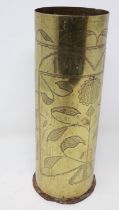 WWI brass shell case with Trench Art decoration throughout, H: 24 cm. UK P&P Group 2 (£20+VAT for