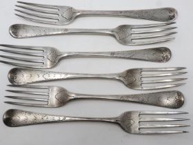 Set of six hallmarked silver forks with armorial, makers I.B. & W.S, London assay, circa 1802, 382g.