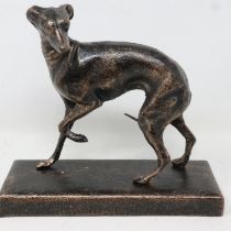 Bronzed cast iron figure of a startled greyhound on plinth base, L: 18 cm. UK P&P Group 2 (£20+VAT