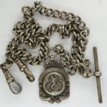 Hallmarked silver double Albert watch chain, with T-bar, two clips and silver football fob, L: 40