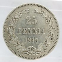 1915 silver 25 Pennia of Finland, EF. UK P&P Group 0 (£6+VAT for the first lot and £1+VAT for