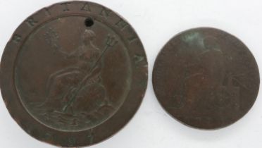 1797 cartwheel two pence of George III and a 1791 Macclesfield halfpenny token, Charles Roe. UK P&