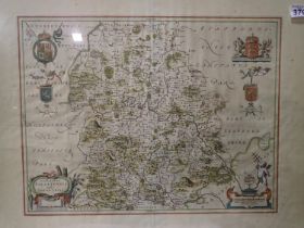 Framed double page from the Dutch De Cornavien map of Shropshire. Not available for in-house P&P