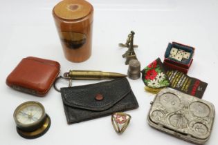 Ramsgate Mauchline ware covered beaker, stitched leather vesta case, compass and other collectables.