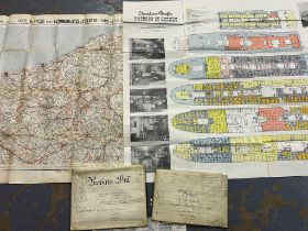 Mixed ephemera, French map, Empress of France ship map, and two indentures. UK P&P Group 2 (£20+