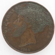 1854 penny of Queen Victoria, later defaced, VF pinholes. UK P&P Group 0 (£6+VAT for the first lot