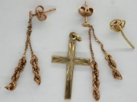 9ct gold cross pendant and a pair of 9ct gold earrings, combined 1.8g. UK P&P Group 1 (£16+VAT for