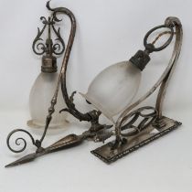 Two Art Nouveau silver plated electric wall sconces with glass shades, largest H: 30 cm, losses