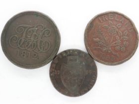 Three copper tokens: 1789 Associated Irish Mine Company Cronebane, 1858 William Hodgins Bankers