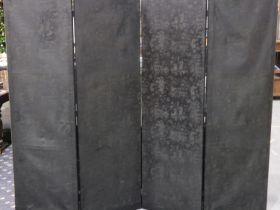 Large trifold four panel Chinese painted canvas room dividing screen, muted design including