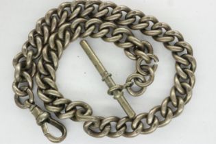 Heavy gauge hallmarked silver Albert watch chain, with T-bar and clip, L: 32 cm, 55g. UK P&P Group 0