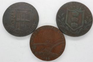 Three copper tokens: 1796 Industry Supplieth Want, 1788 Angelsey Mines, and 1791 Hull Halfpenny.. UK