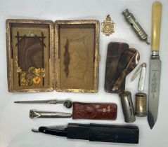 Mixed collectables including a J Hudson & Co railway whistle, a cut throat razor etc. UK P&P Group 2