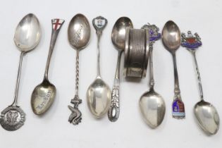 Eight hallmarked silver collectors teaspoons and a napkin ring, combined 90g. UK P&P Group 3 (£30+