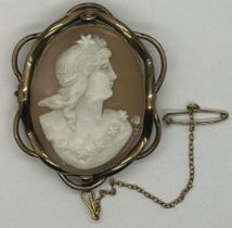 Pinchbeck mounted shell cameo brooch with safety chain, 40 x 60 mm. UK P&P Group 1 (£16+VAT for